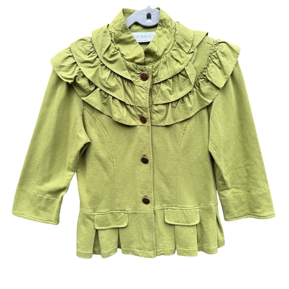 NWT New Bleu Bayou Womens Small Green Ruffle 3/4 Sleeve Button Up Jacket